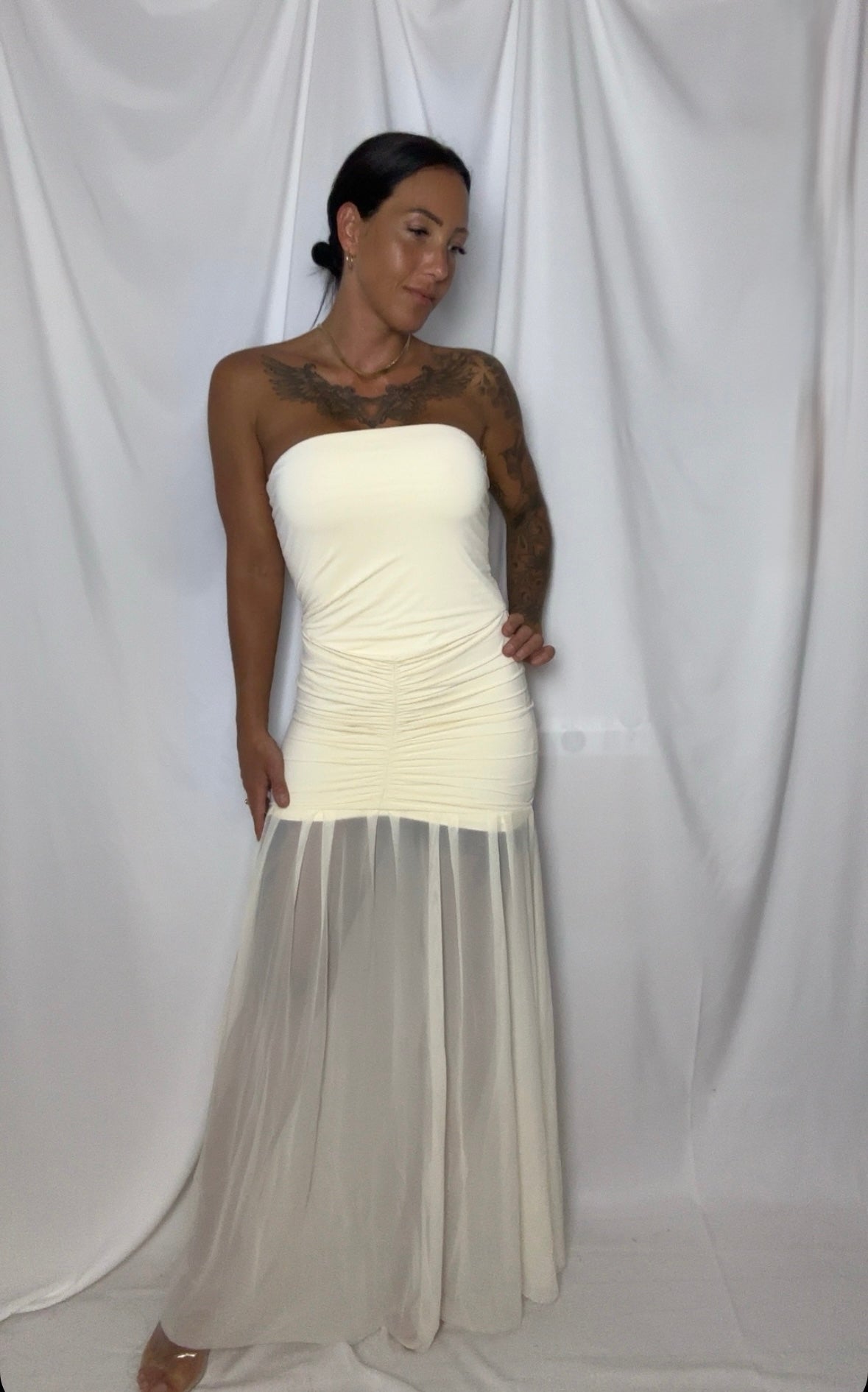 Lang stropløs kjole - gul