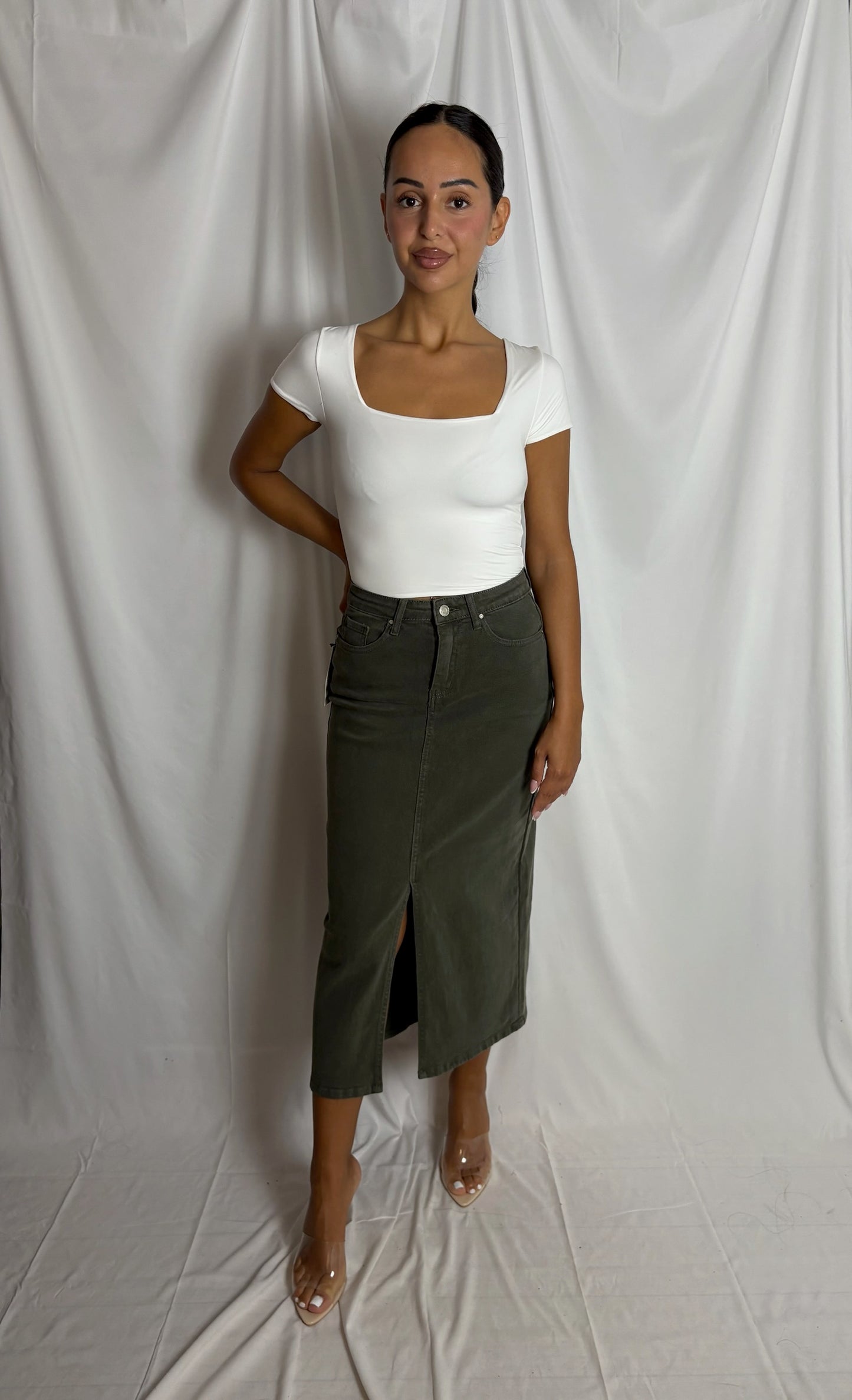 Estee denim nederdel kaki
