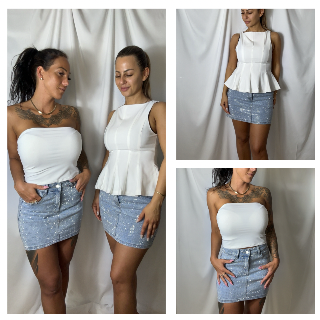 Denim nederdel med sten der glimtrer 