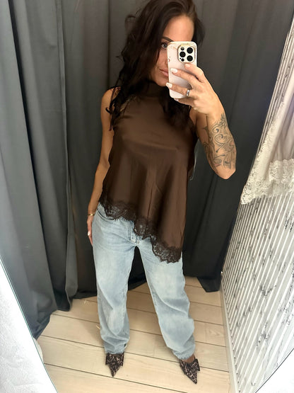 Satin top med blonder - Brun