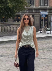 Satin top med blonder - Grøn