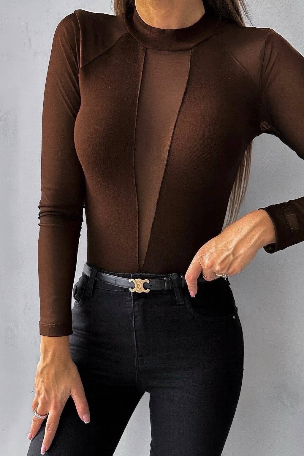 Langærmet mesh bodystocking - Brun