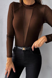 Langærmet mesh bodystocking - Brun