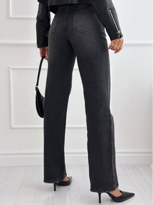 Wide leg jeans med sten - Sort