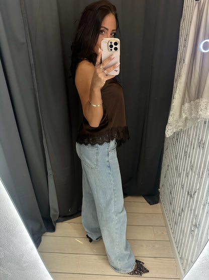 Satin top med blonder - Brun