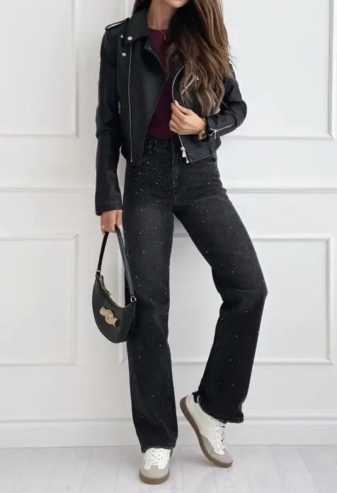 Wide leg jeans med sten - Sort