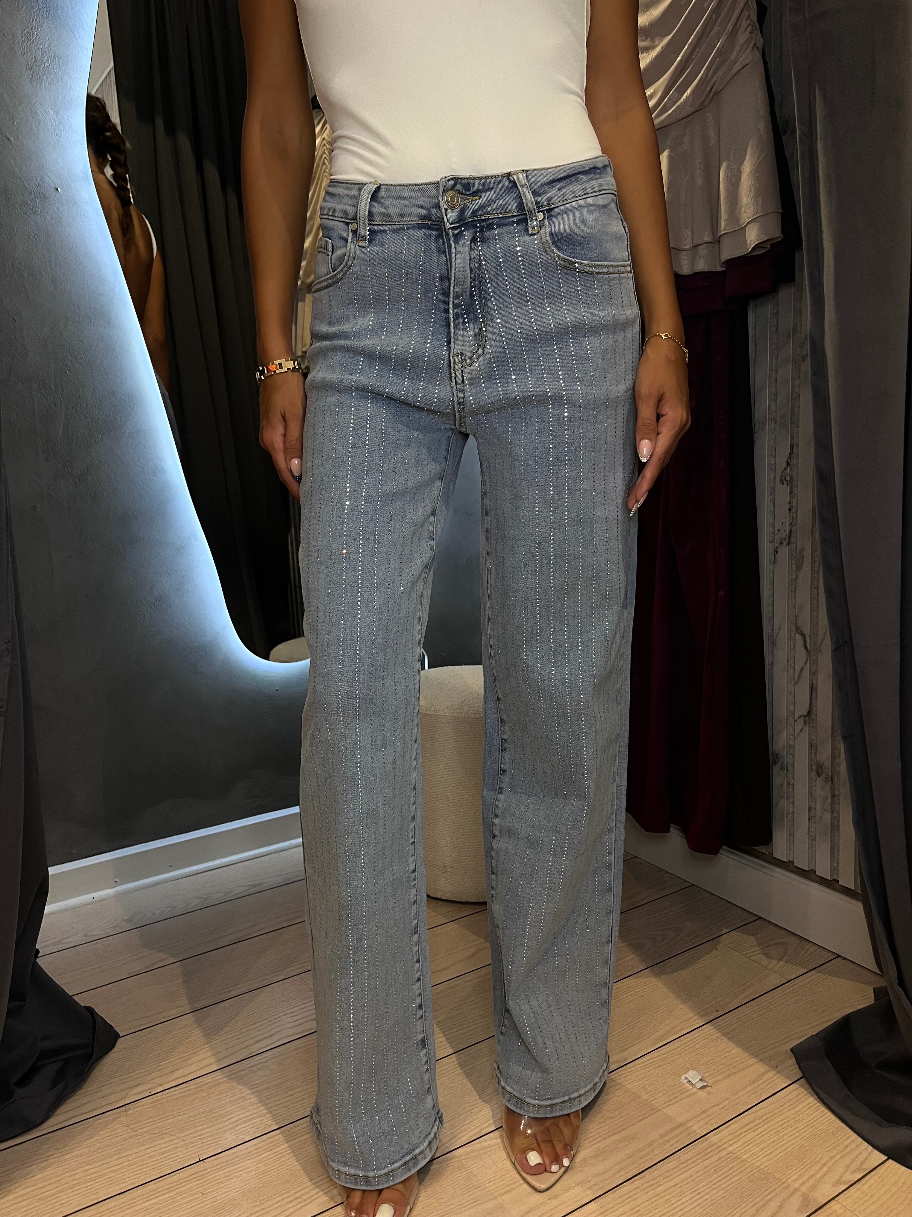 Wide leg denim jeans med sten