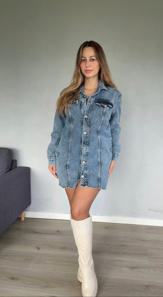 Denim kjole + beige støvler