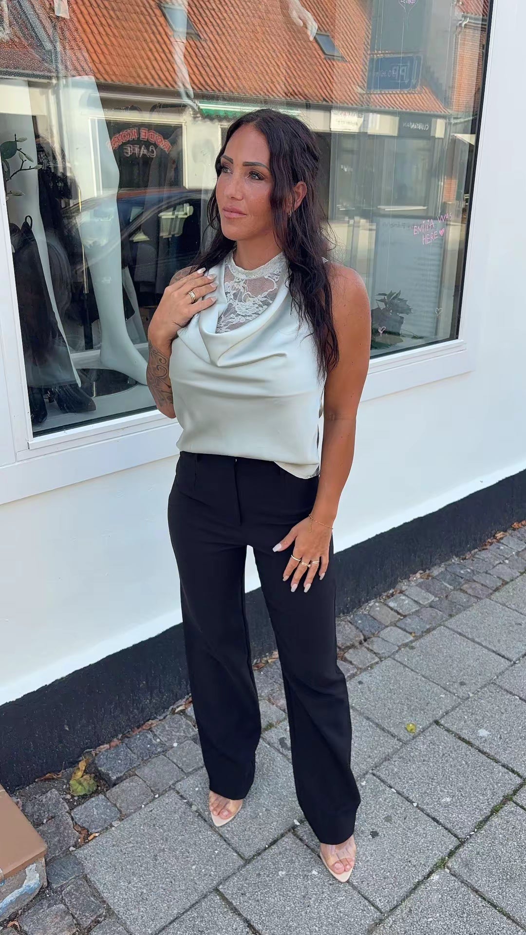Satin top med blonder - Grøn