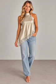 Lara Satin top med blonder - Beige