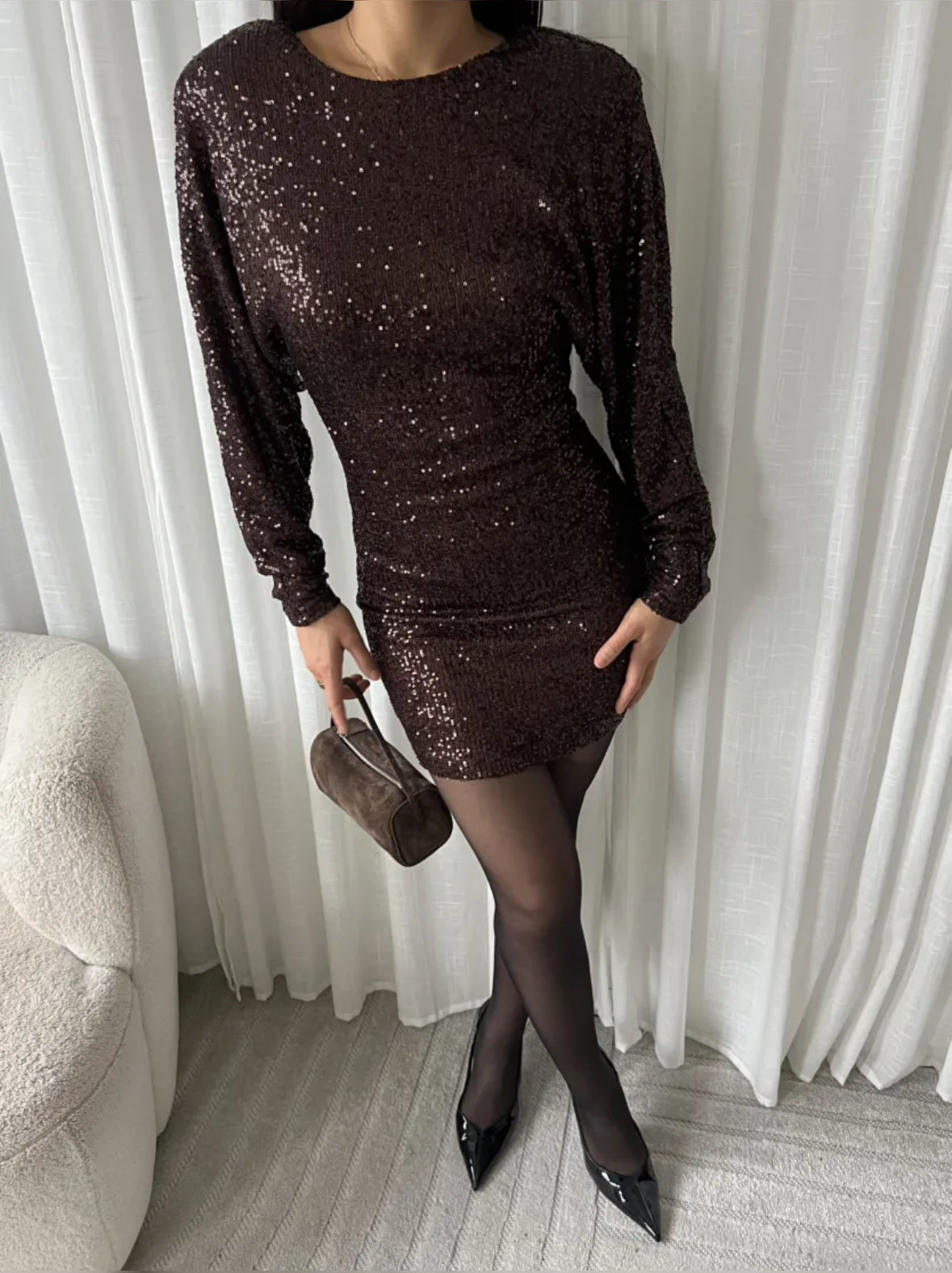 Ariana paillet kjole - brun