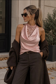 Satin top med blonder - Rose