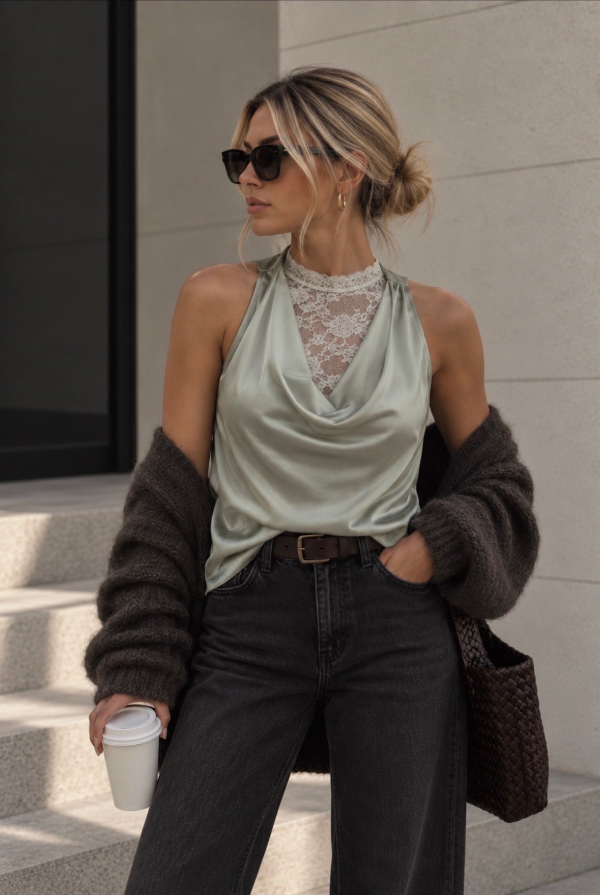 Satin top med blonder - Grøn