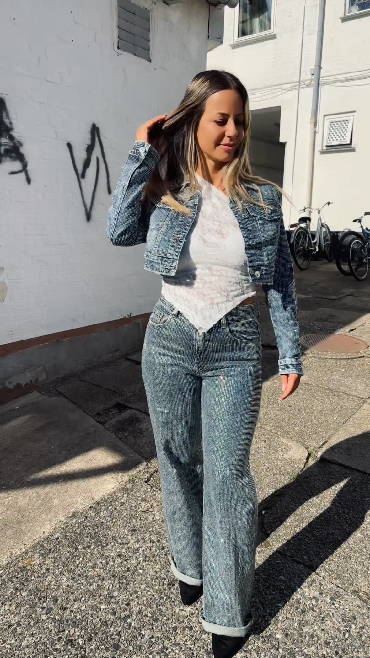 Mørk Denim bukser med glitter