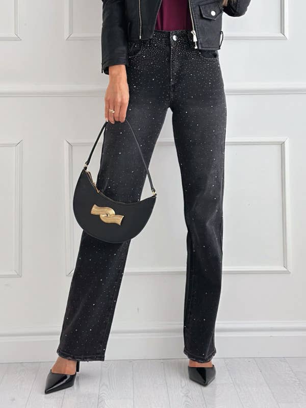 Wide leg jeans med sten - Sort